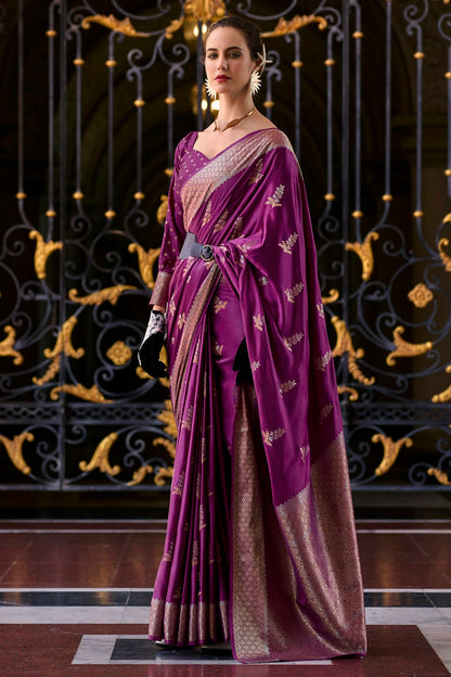 Wine Colour Satin Munga Silk Woven Work Saree