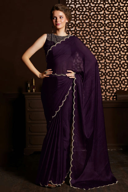 Wine Colour Satin Silk Chiffon Designer Saree