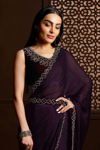 Wine Colour Satin Silk Chiffon Designer Saree VSLC1121431