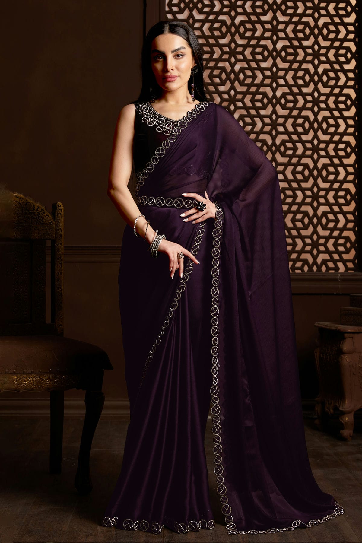 Wine Colour Satin Silk Chiffon Designer Saree