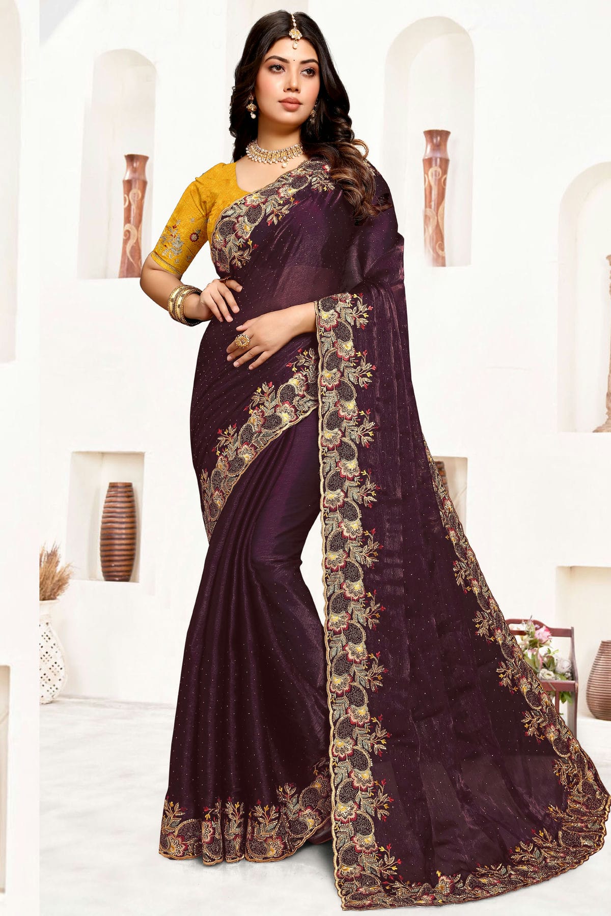 Wine Colour Satin Silk Designer Saree