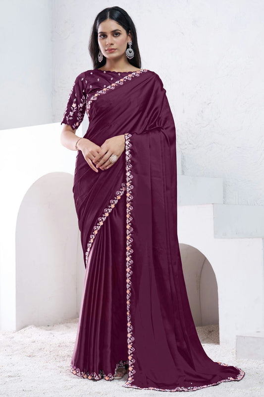 Wine Colour Satin Silk Designer Saree