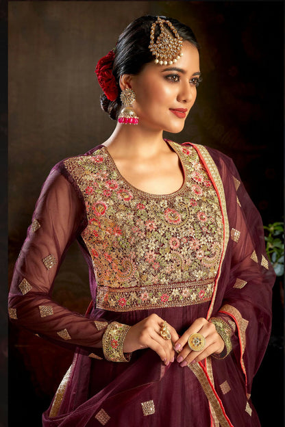 Wine Colour Semi Stitched Butterfly Net Anarkali Suit