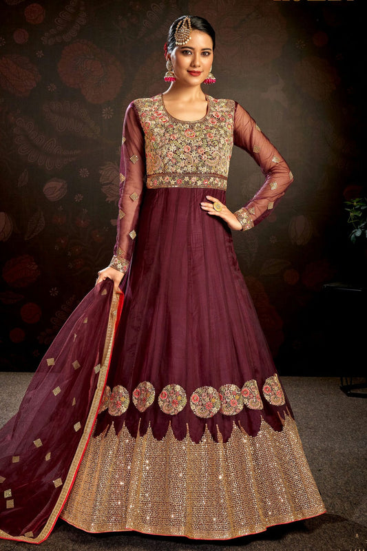 Wine Colour Semi Stitched Butterfly Net Anarkali Suit