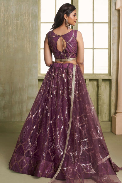 Wine Colour Semi Stitched Butterfly Net Lehenga Choli VSLC1112526