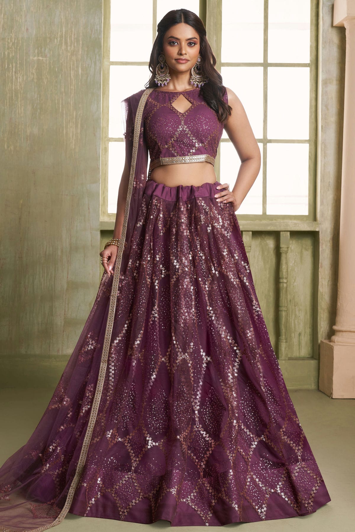 Wine-Colour-Semi-Stitched-Butterfly-Net-Lehenga-Choli-VSLC1112526