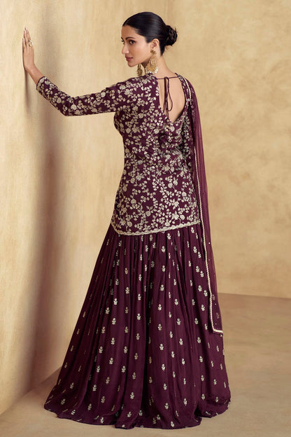 Wine Colour Semi Stitched Chinon Silk Lehenga Suit