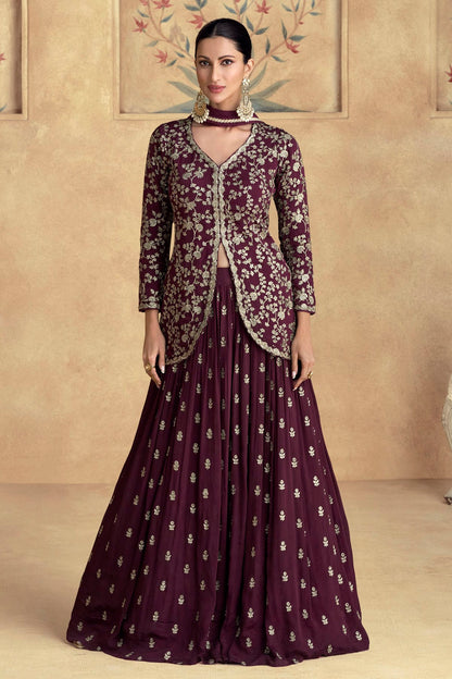 Wine Colour Semi Stitched Chinon Silk Lehenga Suit