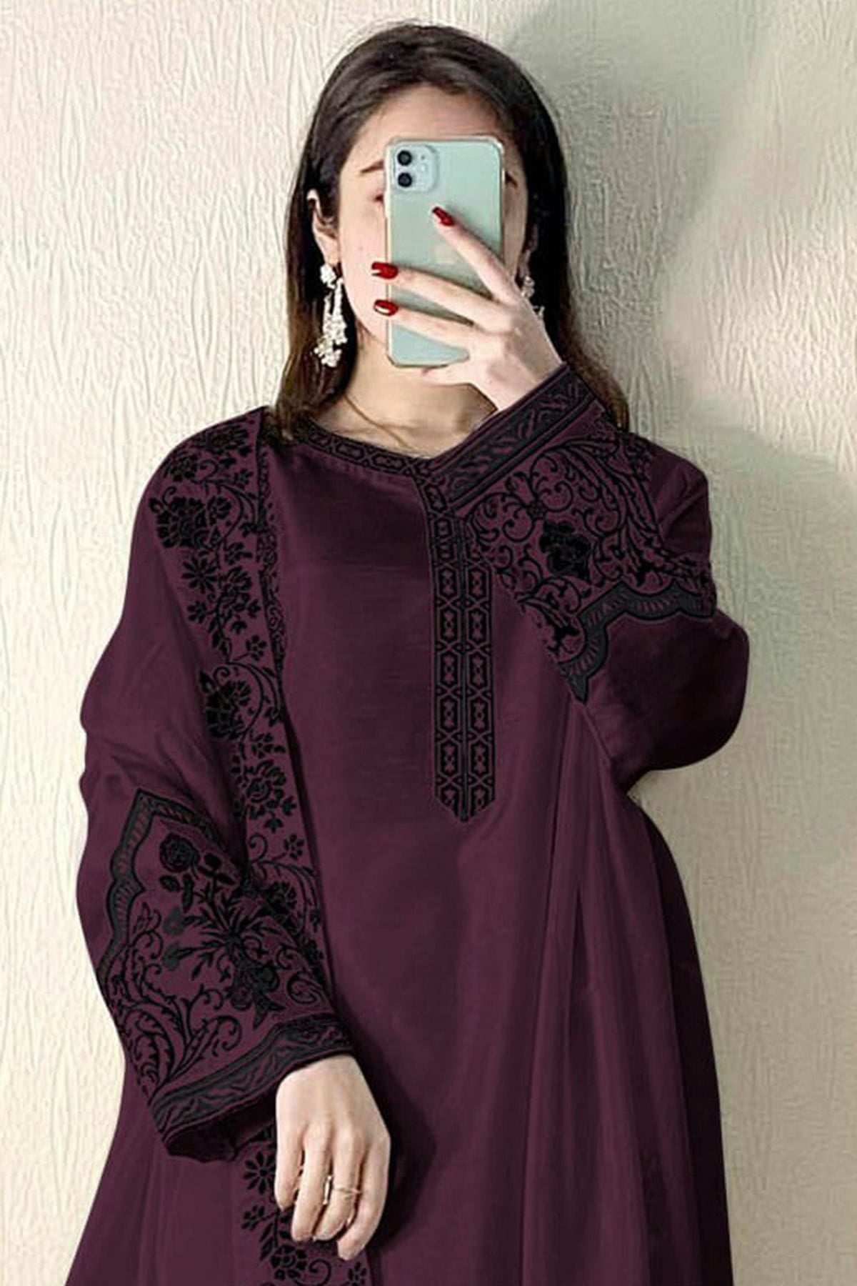 Wine Colour Semi Stitched Faux Georgette Pakistani Suit