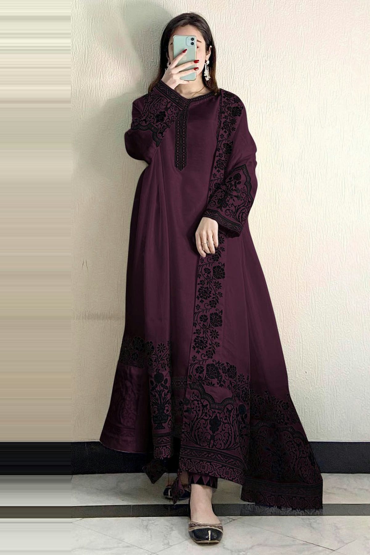 Wine Colour Semi Stitched Faux Georgette Pakistani Suit