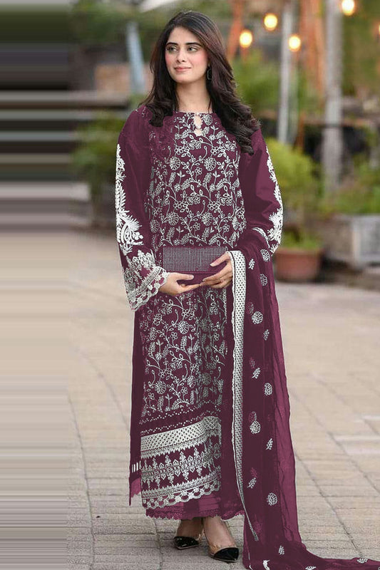 Wine Colour Semi Stitched Faux Georgette Pakistani Suit