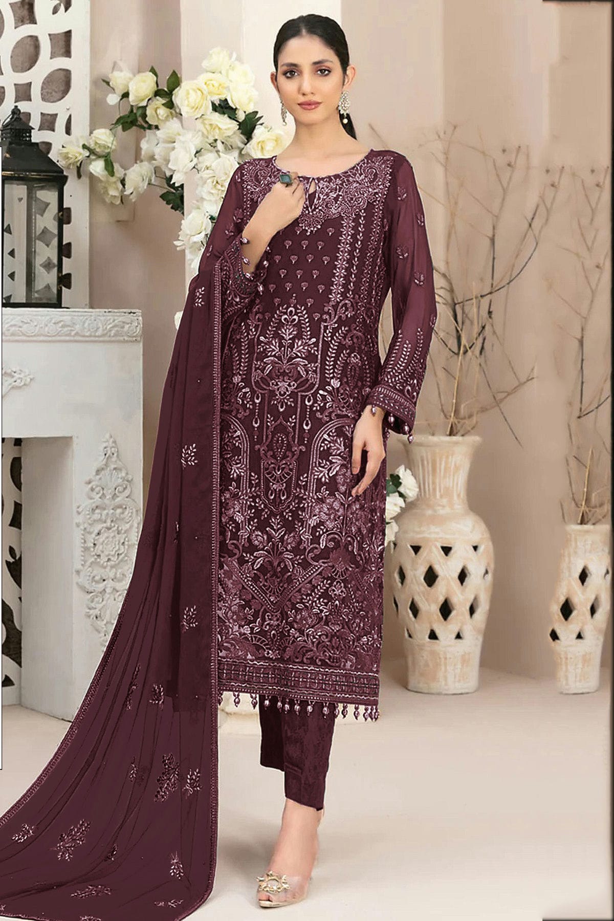 Wine Colour Semi Stitched Faux Georgette Pakistani Suit VSSM1140691