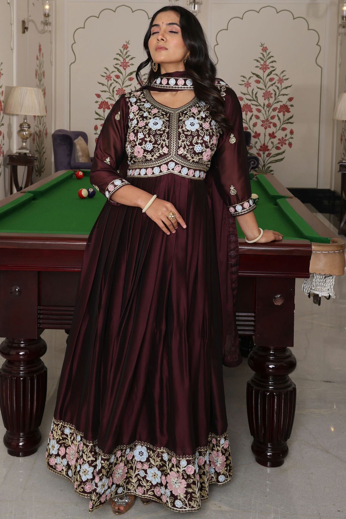 Wine Colour Semi Stitched Rangoli Silk Anarkali Suit VSSM1170032