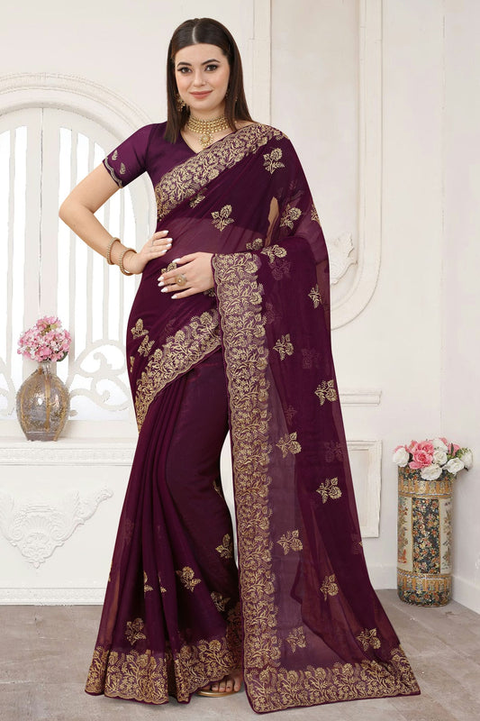 Wine Colour Silk Designer Saree