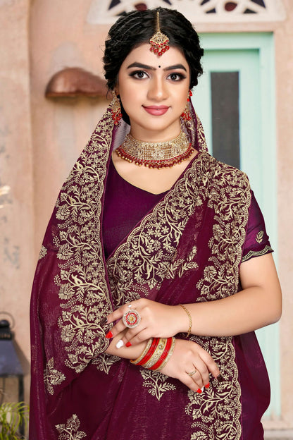 Wine Colour Silk Designer Saree