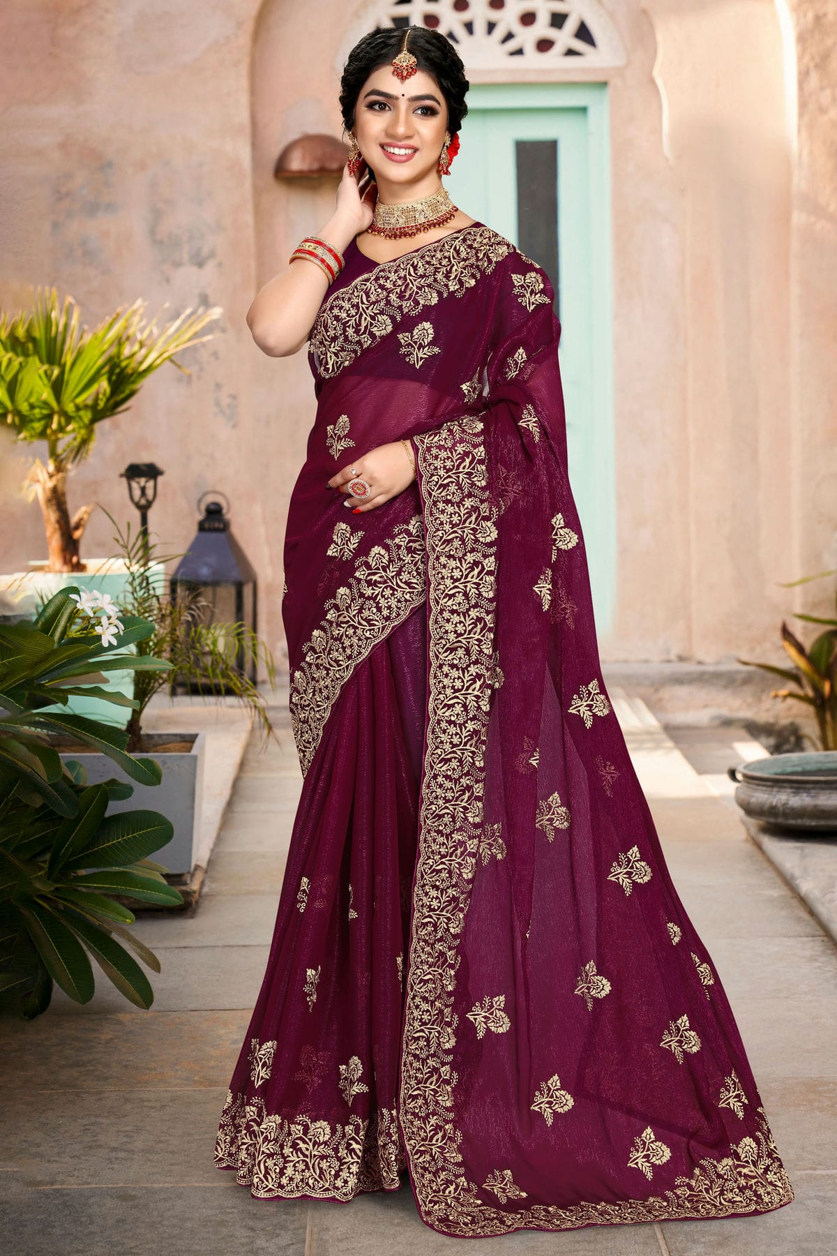 Wine Colour Silk Designer Saree