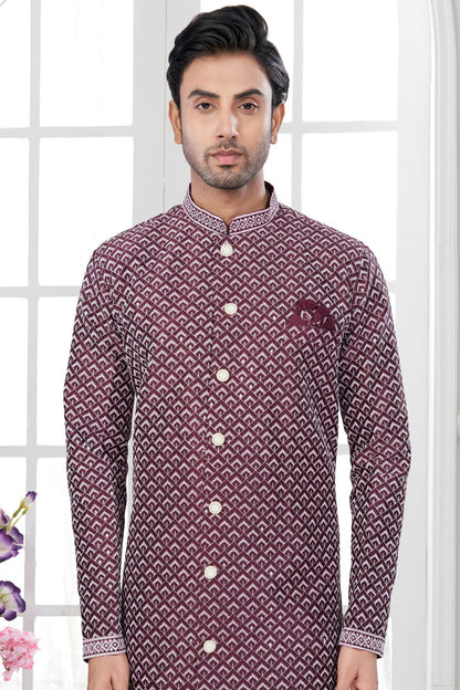 Wine Colour Silk Dupion Sherwani VSSH1040598