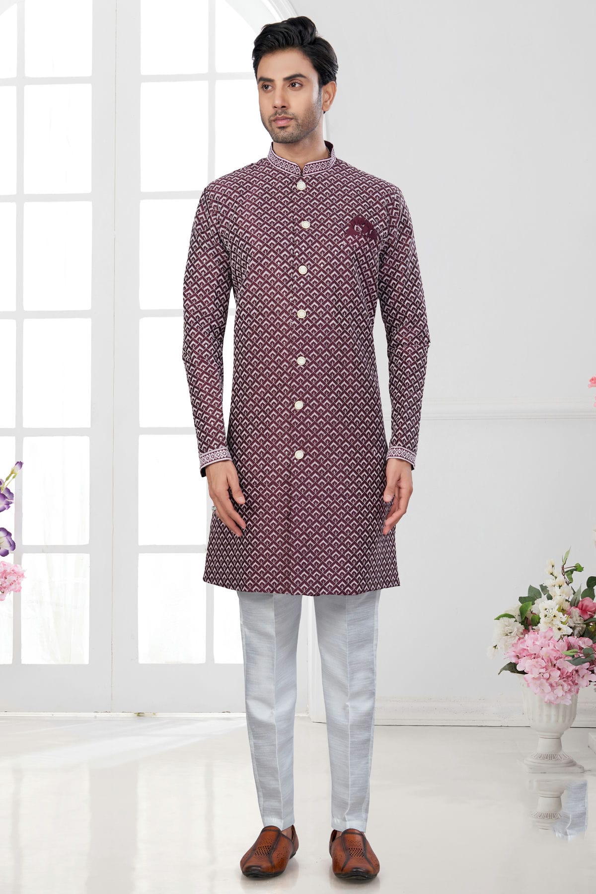 Wine Colour Silk Dupion Sherwani