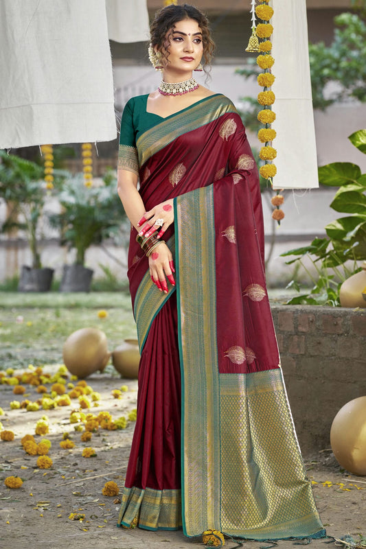 Wine Colour Silk Woven Work Traditional Saree