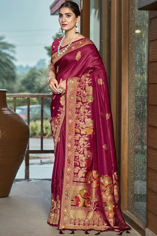 Wine Colour Silk Woven Work Traditional Saree