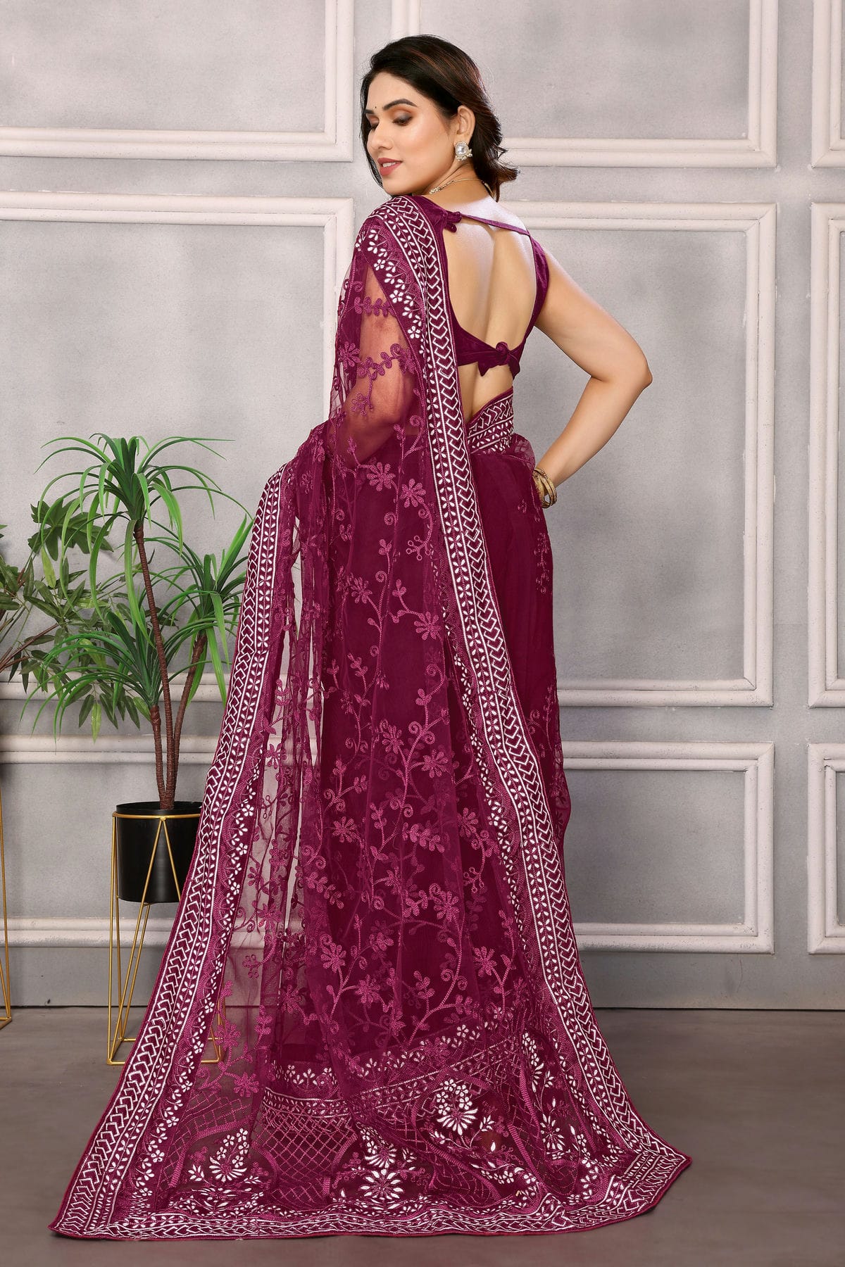 Wine Colour Soft Net Saree