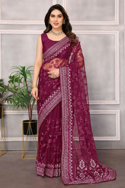 Wine Colour Soft Net Saree