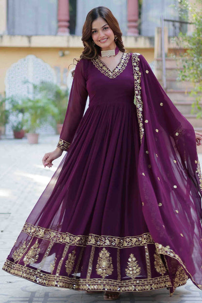 Wine Colour Stitched Faux Georgette Gown