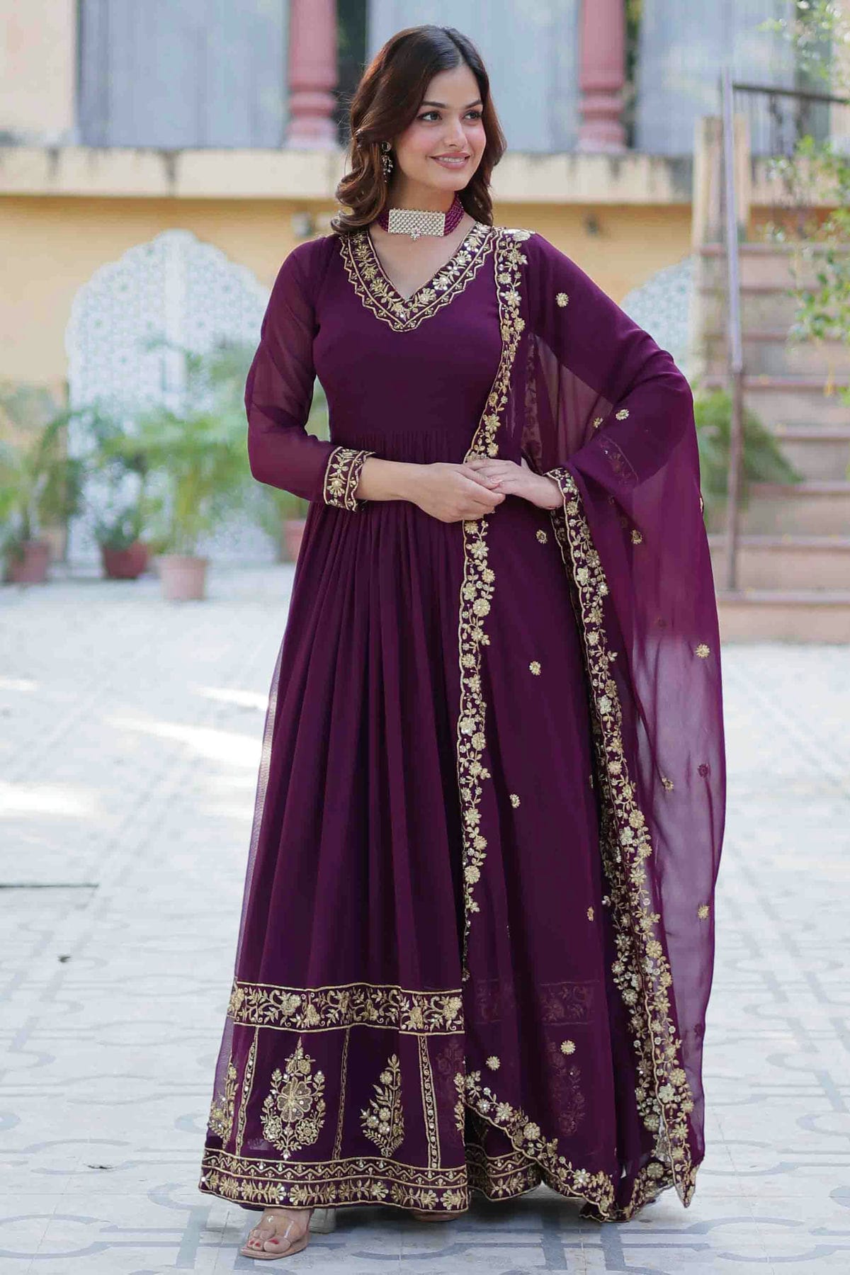 Wine Colour Stitched Faux Georgette Gown VSGW1112815