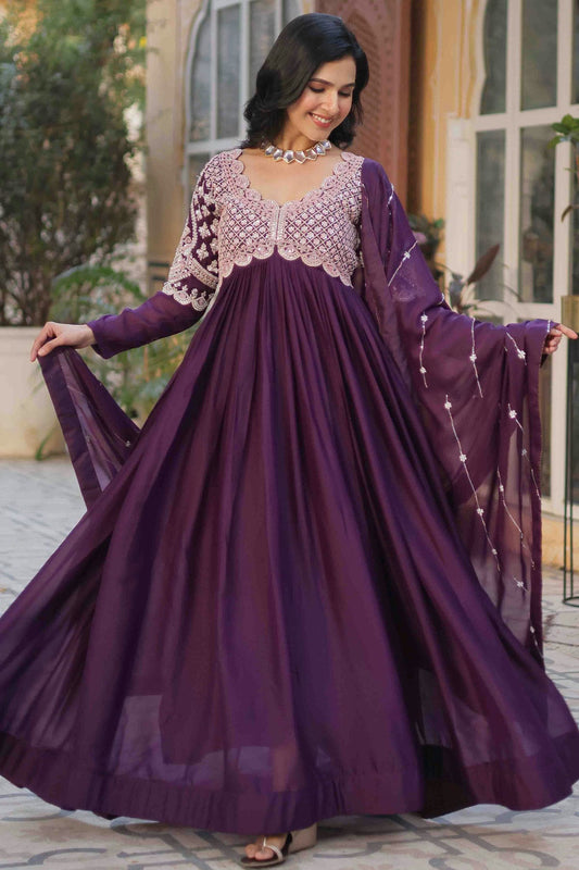 Wine Colour Stitched Georgette Gown VSGW1112817