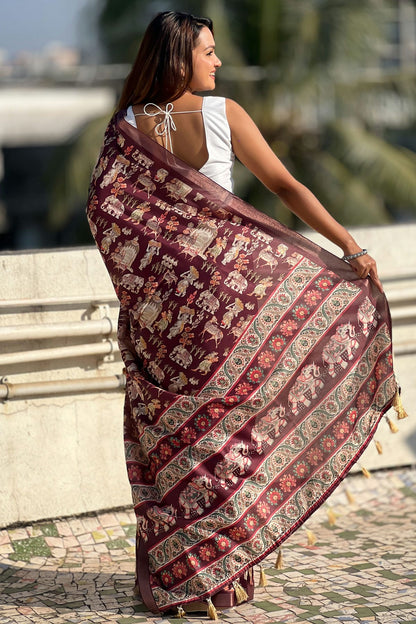 Wine Colour Tussar Silk Traditional Saree