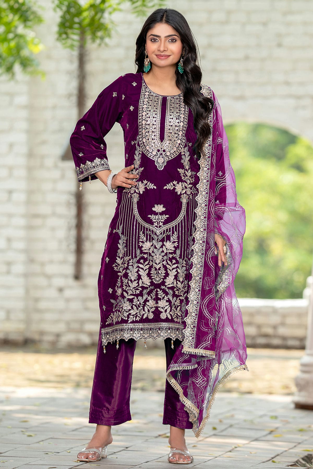 Wine Colour Velvet Semi Stitched Pakistani Suit