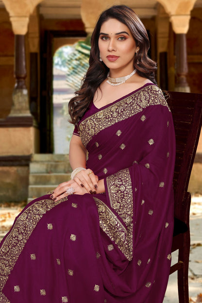 Wine Colour Vichitra Bloming Designer Saree