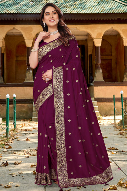 Wine Colour Vichitra Bloming Designer Saree