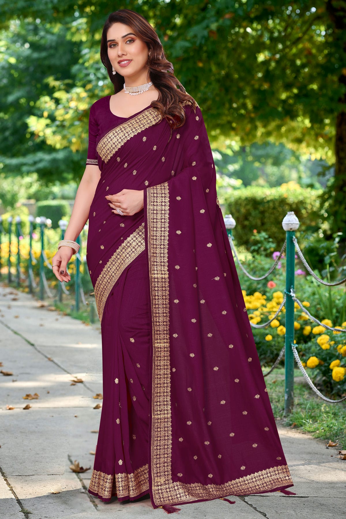 Wine Colour Vichitra Bloming Designer Saree