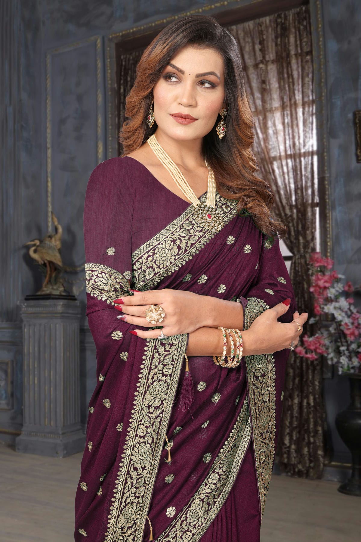 Wine Colour Vichitra Bloming Designer Saree VSSD1091106