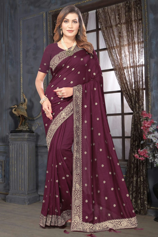 Wine Colour Vichitra Bloming Designer Saree