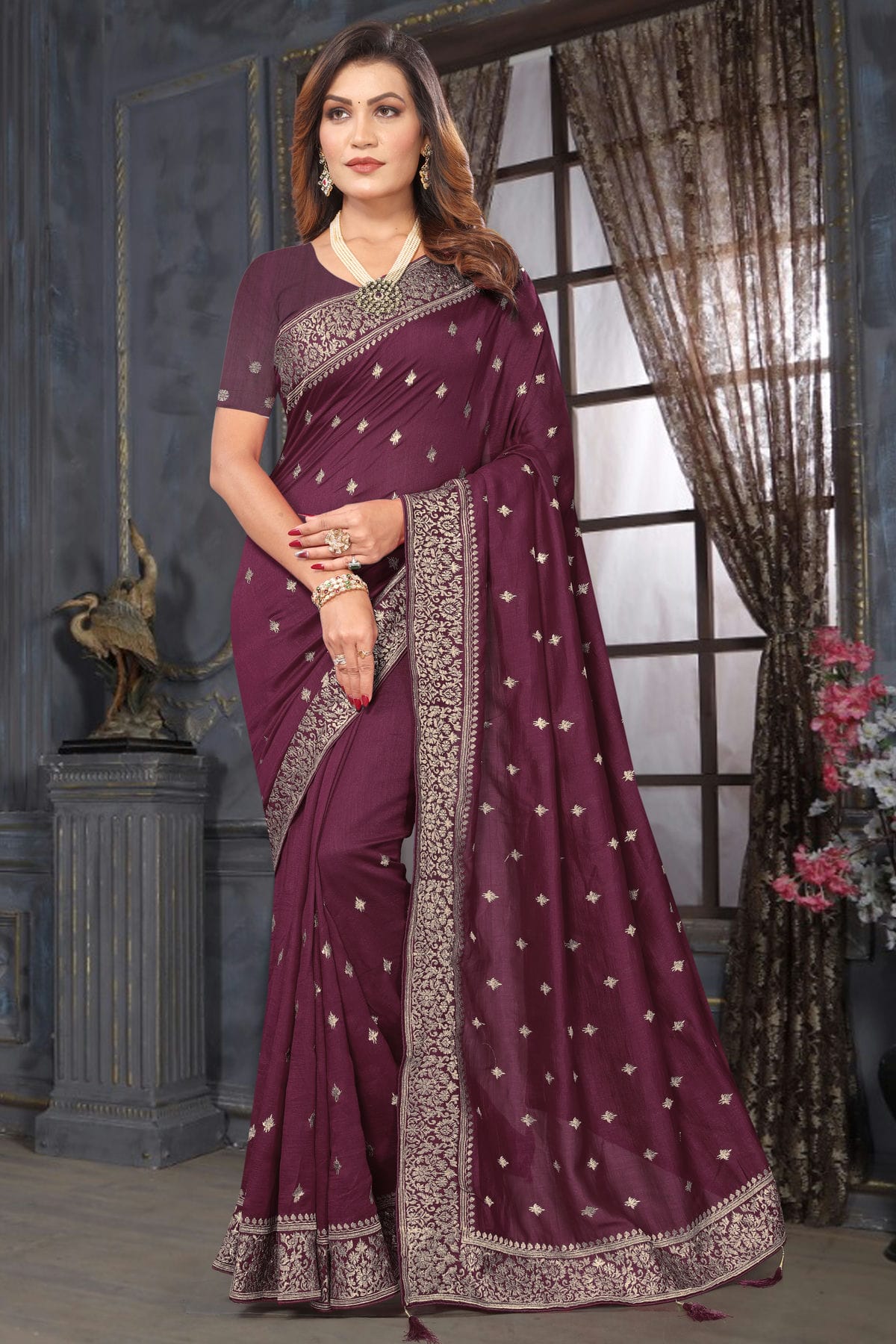 Wine Colour Vichitra Bloming Designer Saree