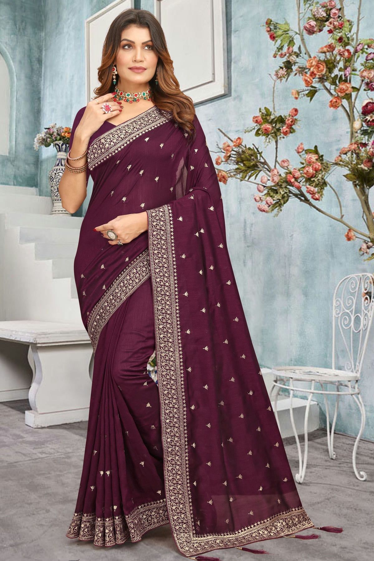 Wine Colour Vichitra Bloming Designer Saree