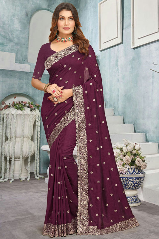 Wine Colour Vichitra Bloming Designer Saree