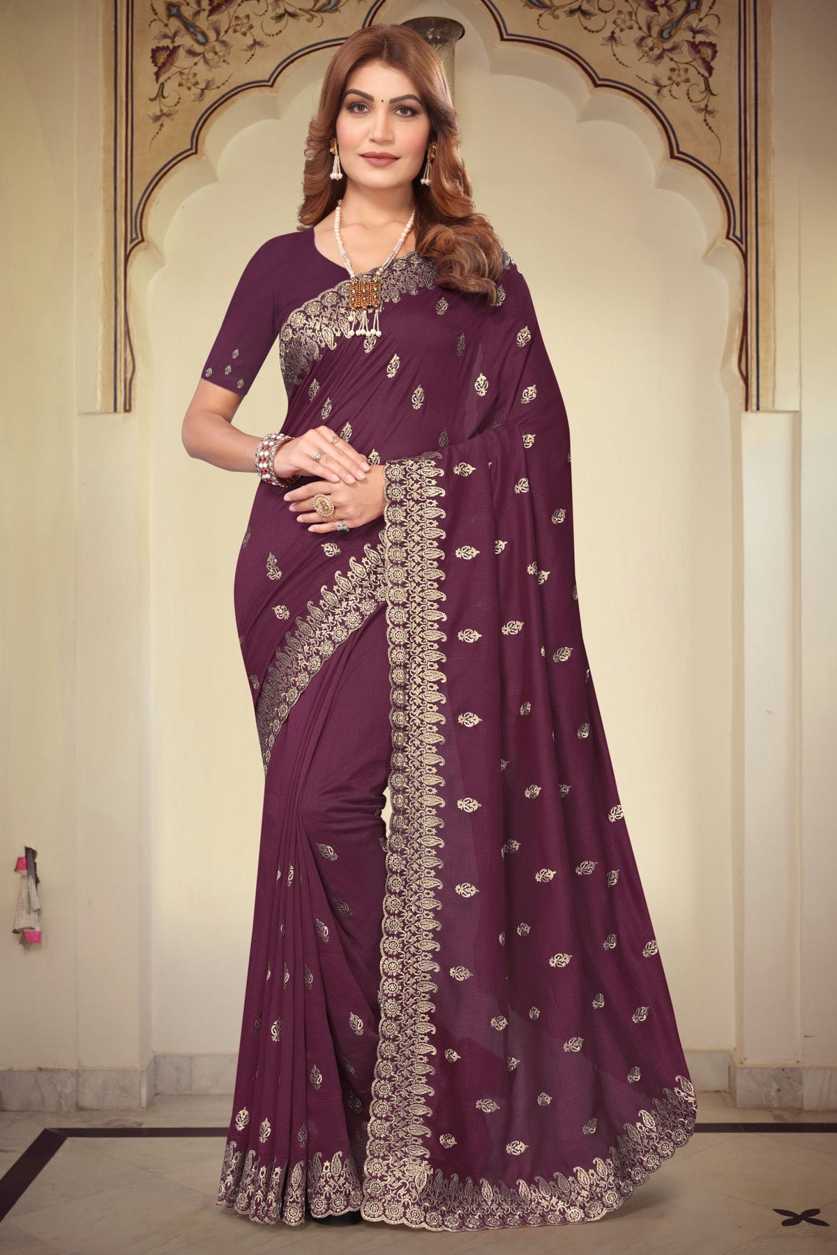 Wine Colour Vichitra Bloming Designer Saree