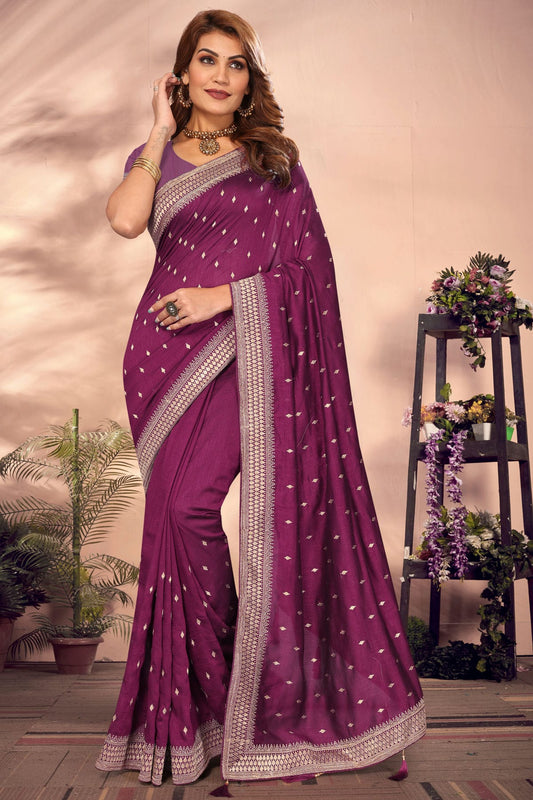 Wine Colour Vichitra Bloming Designer Saree