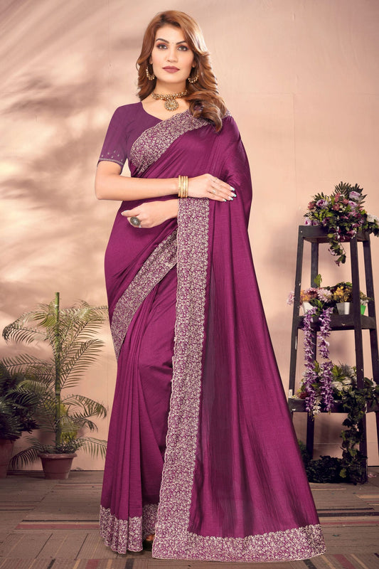 Wine Colour Vichitra Bloming Designer Saree