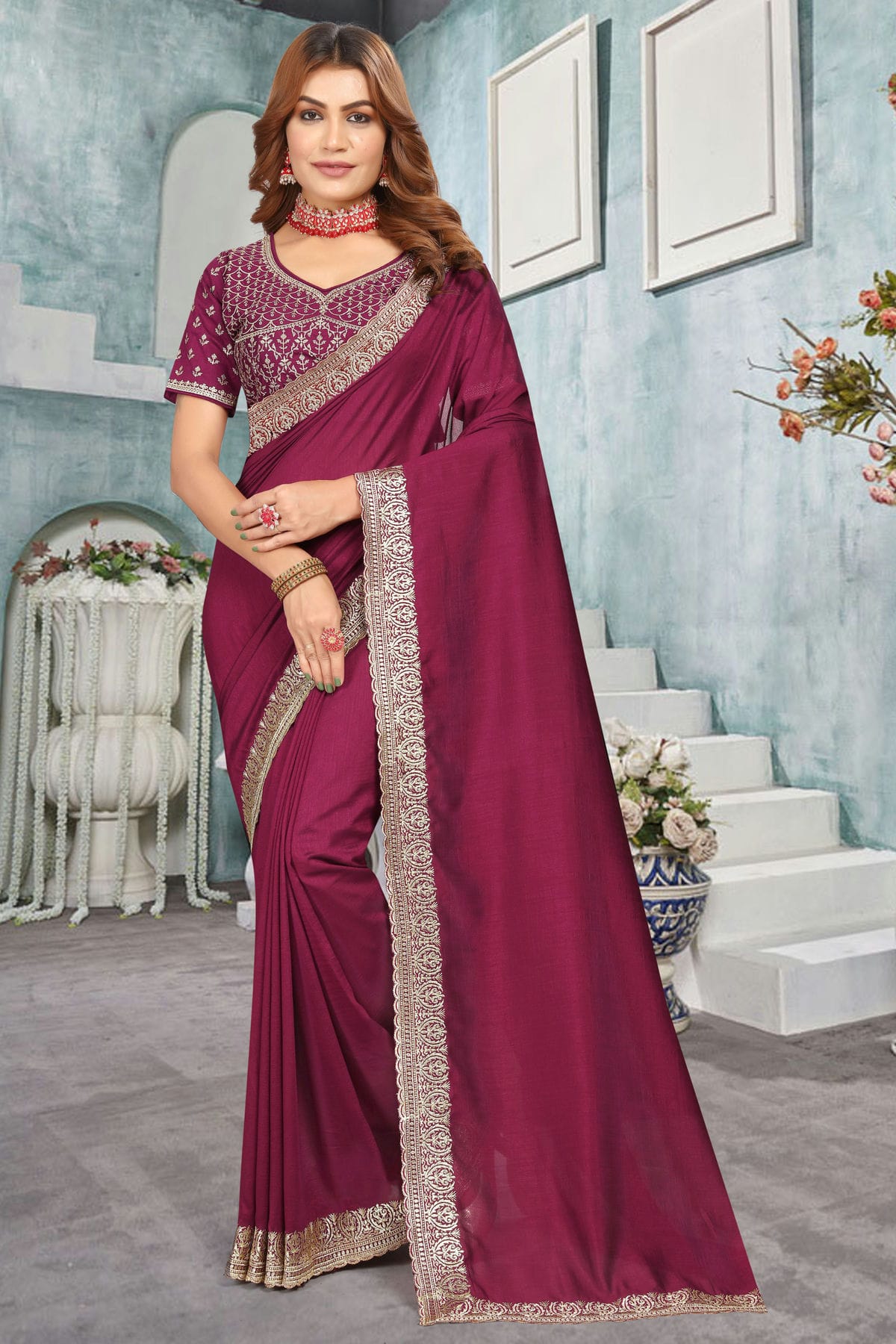 Wine Colour Vichitra Bloming Designer Saree