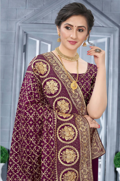 Wine Colour Vichitra Bloming Silk Designer Saree