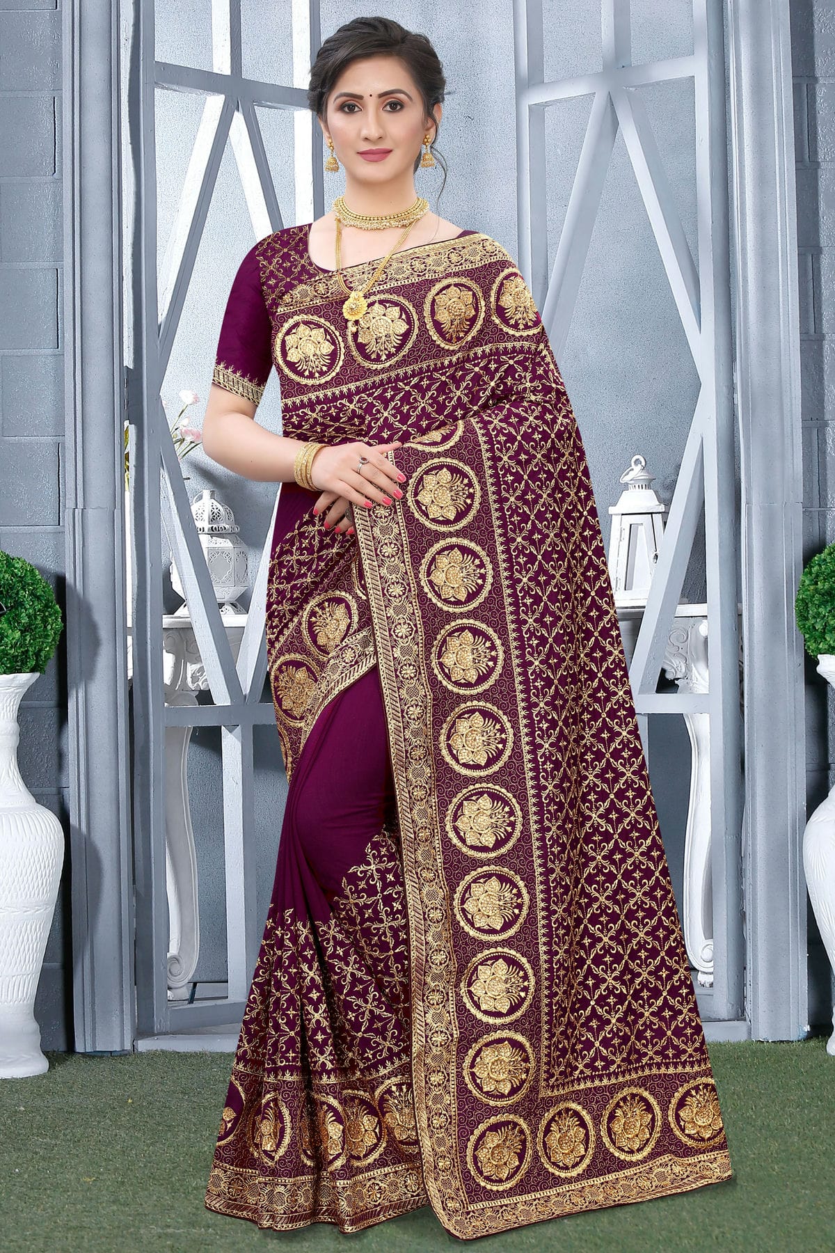 Wine Colour Vichitra Bloming Silk Designer Saree