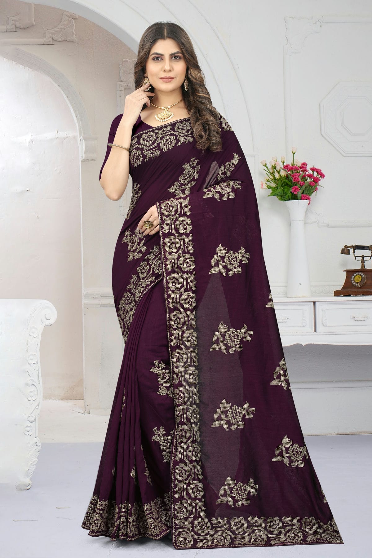 Wine Colour Vichitra Silk Designer Saree