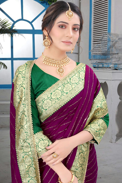 Wine Colour Vichitra Silk Designer Saree