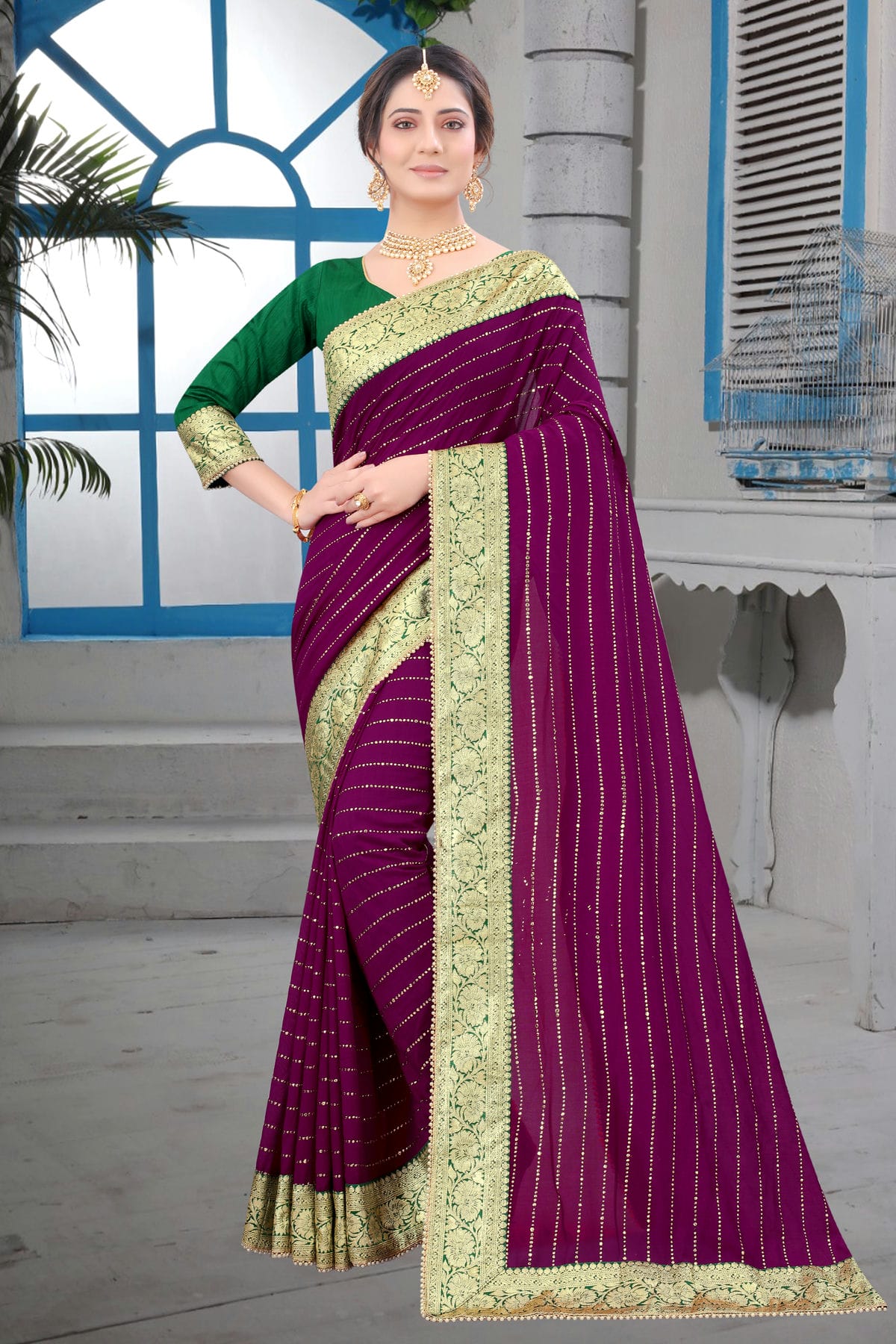 Wine Colour Vichitra Silk Designer Saree