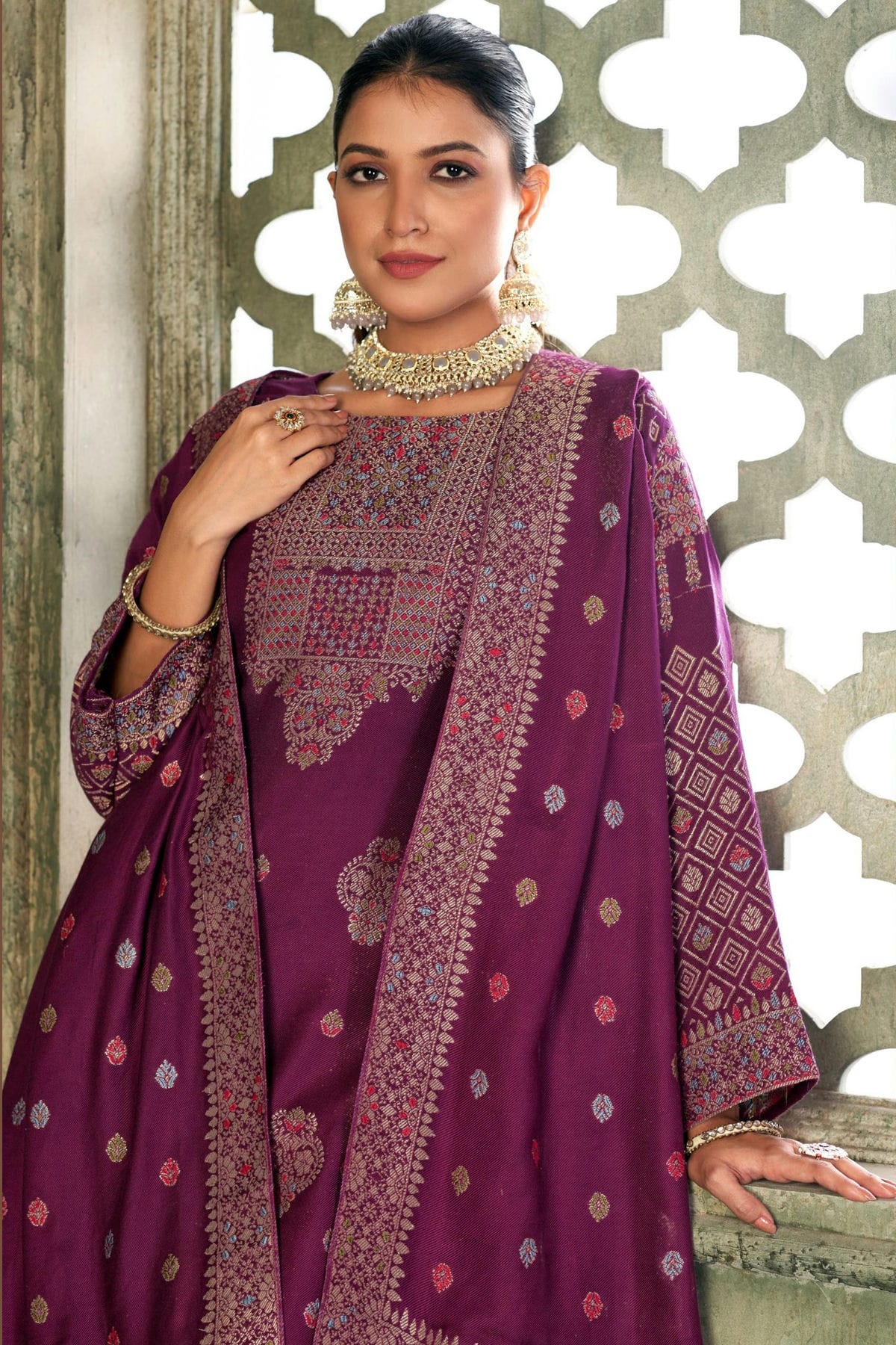 Wine Colour Viscose Pashmina Straight Suit