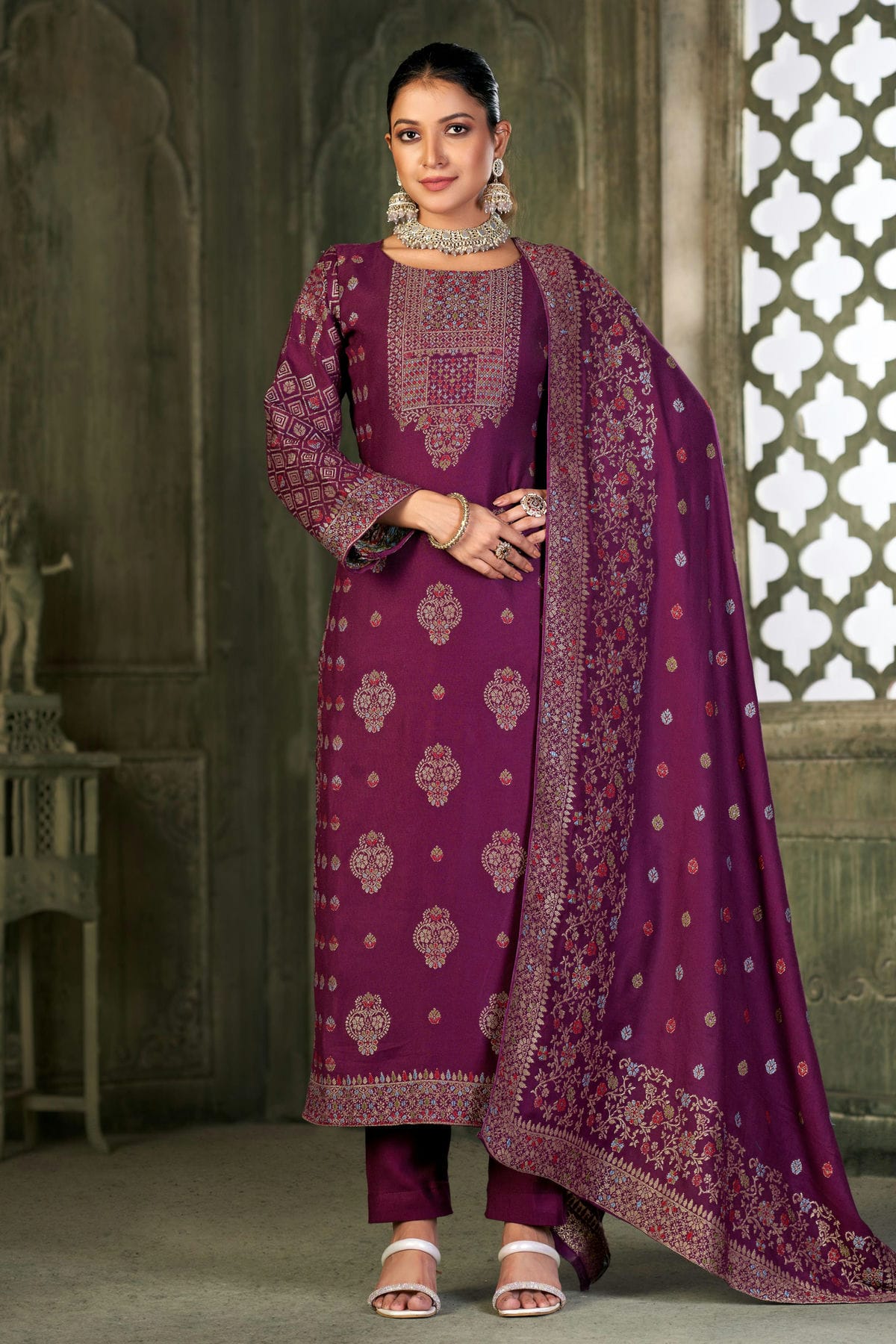 Wine Colour Viscose Pashmina Straight Suit